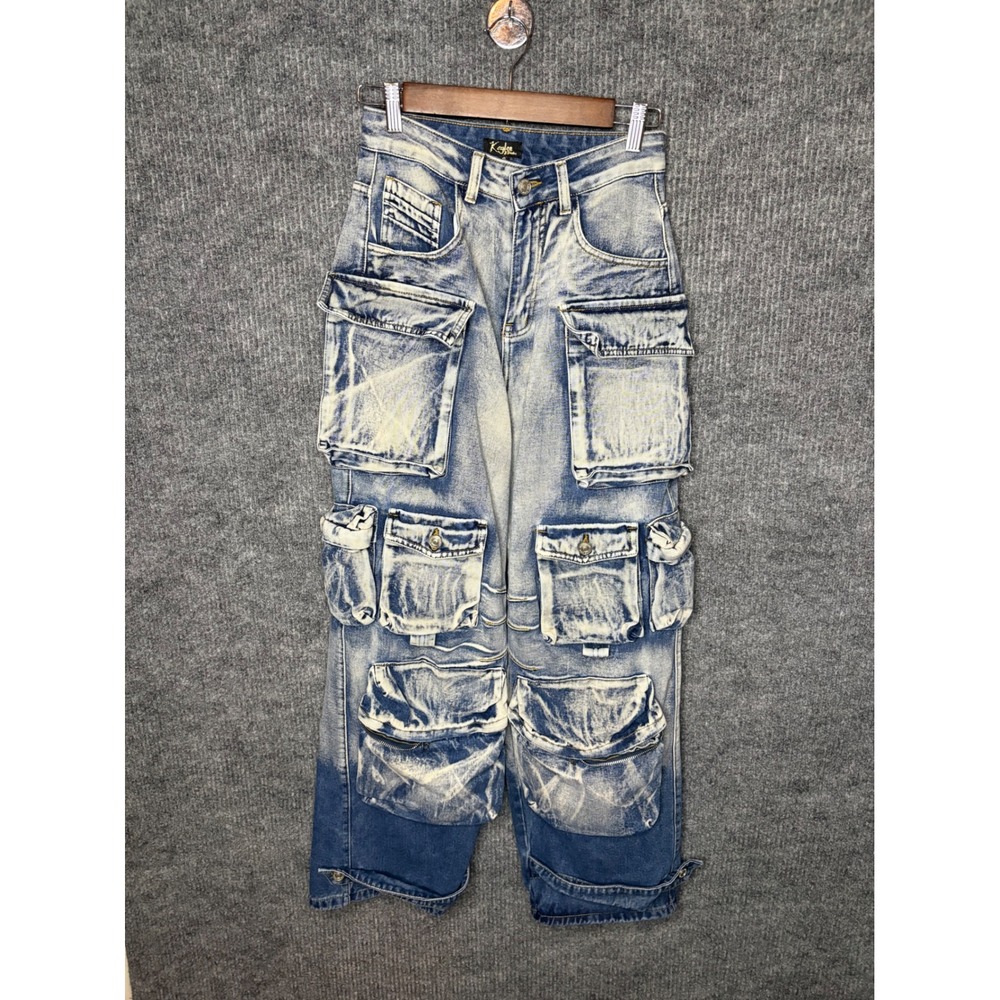 Kaylee Collection Cargo Jeans Women's Small/26 Wide Leg Utility Y2K Acid Wash